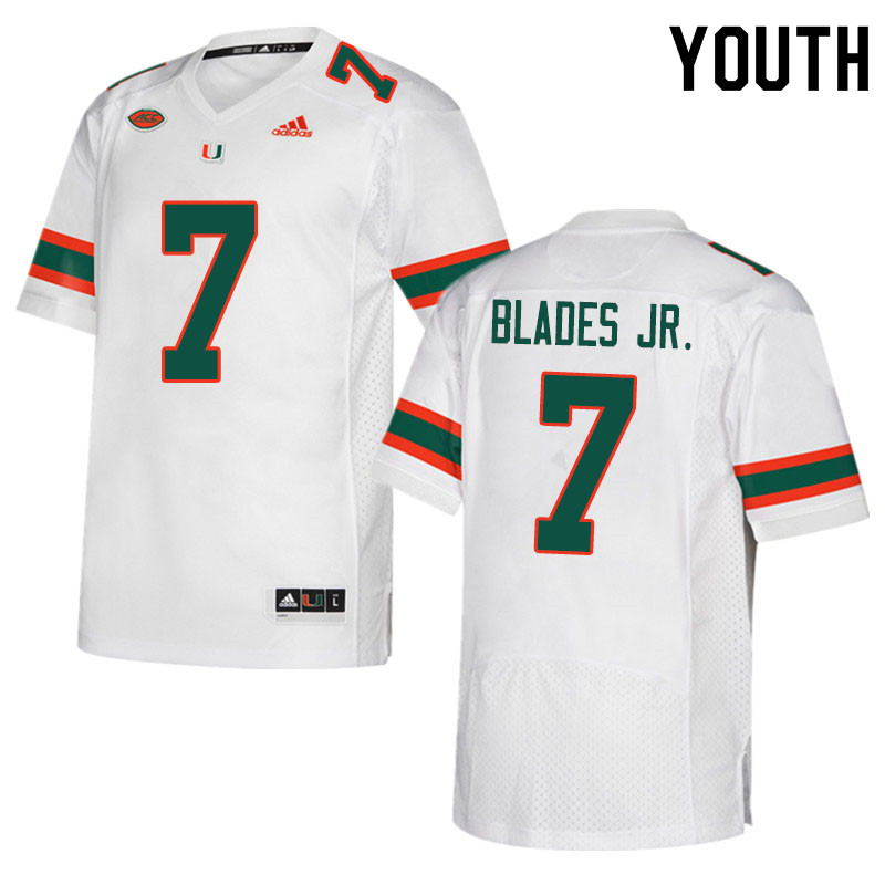 Youth #7 Al Blades Jr. Miami Hurricanes College Football Jerseys Sale-White - Click Image to Close